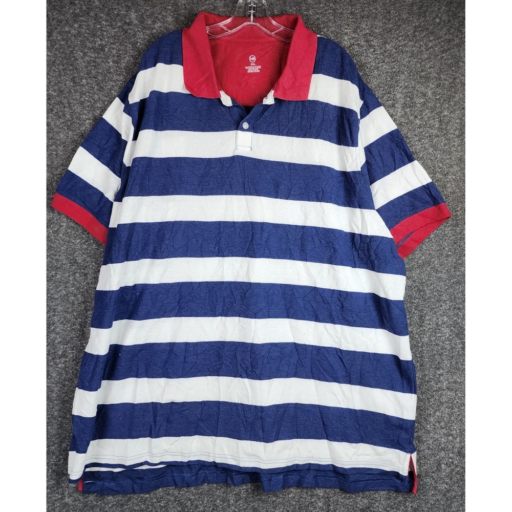 Harbor Bay Polo Mens 2XL Blue White Striped Red Collar Short Sleeve EUC